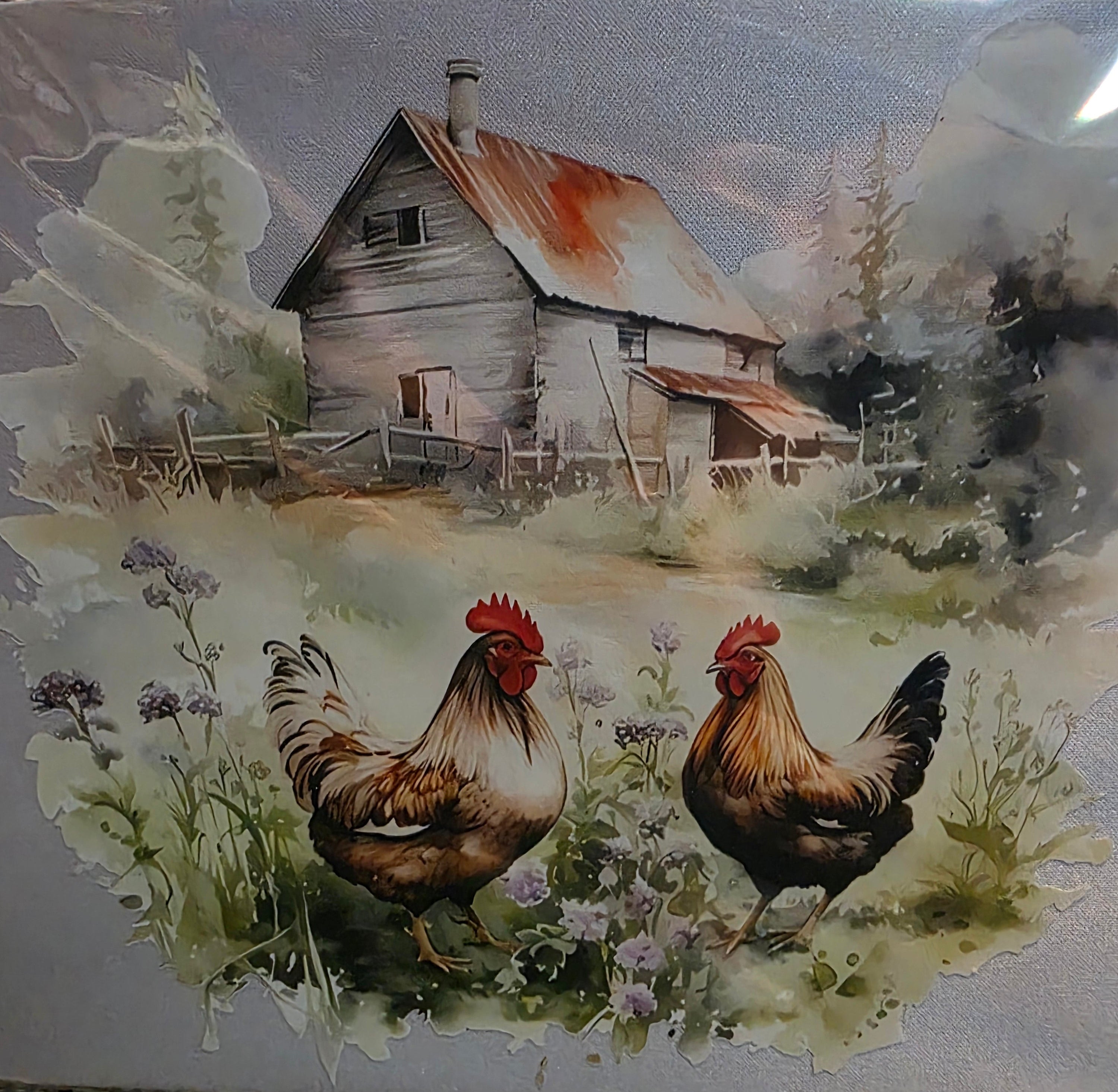 Custom Mouse Pad two roosters in a field with a barn.