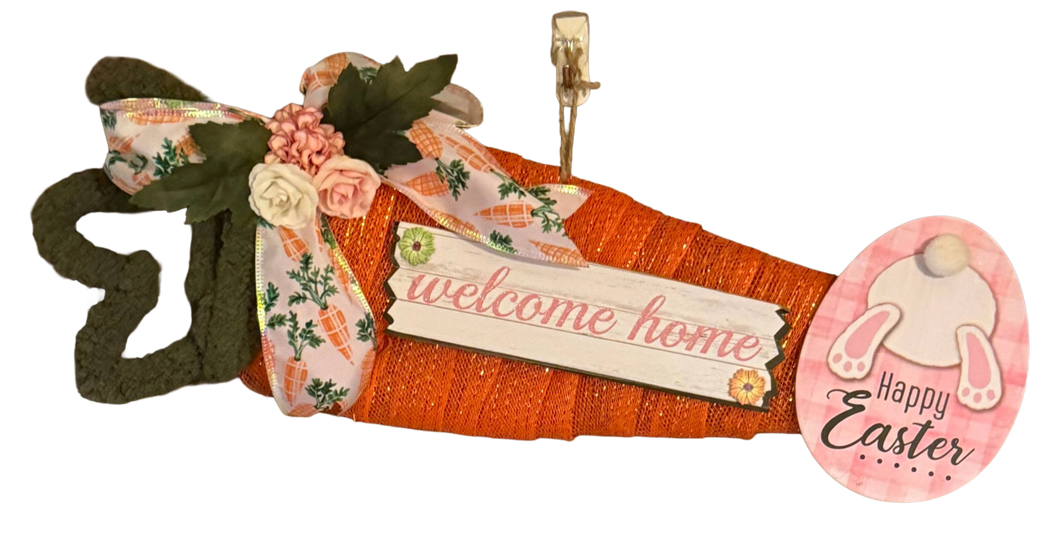 Decorative wreath with 'welcome home' and 'Happy Easter' text on a white background