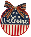 Decorative sign with American flag design and 'Welcome' text on a white background
