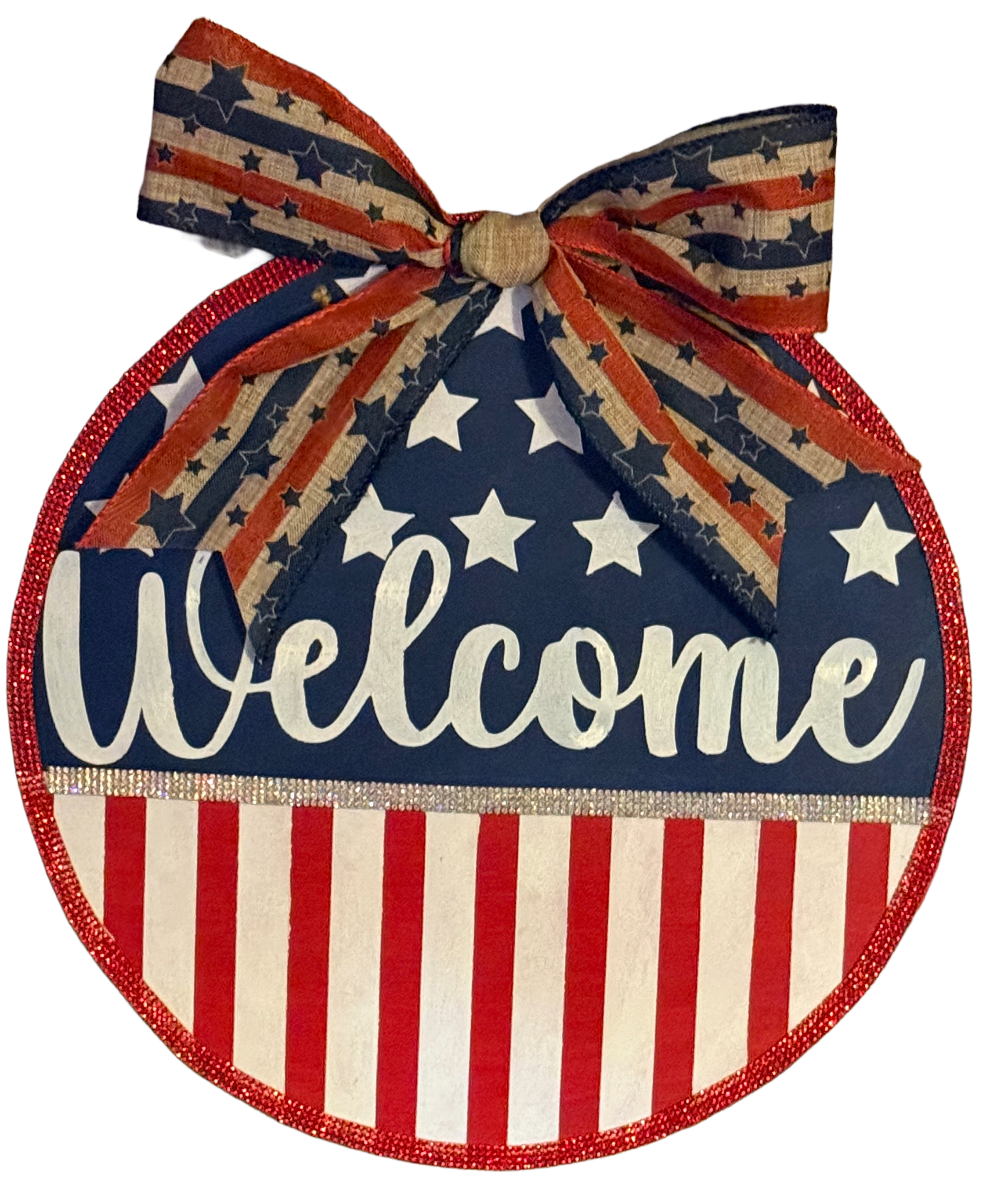 Decorative sign with American flag design and 'Welcome' text on a white background