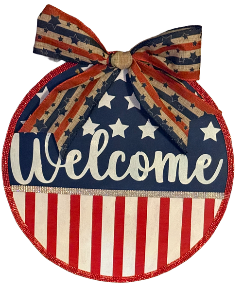 Decorative sign with American flag design and 'Welcome' text on a white background