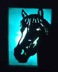 Lighted Shadow Box with scroll saw carving of a Horse done by hand with a rustic wooden frame.