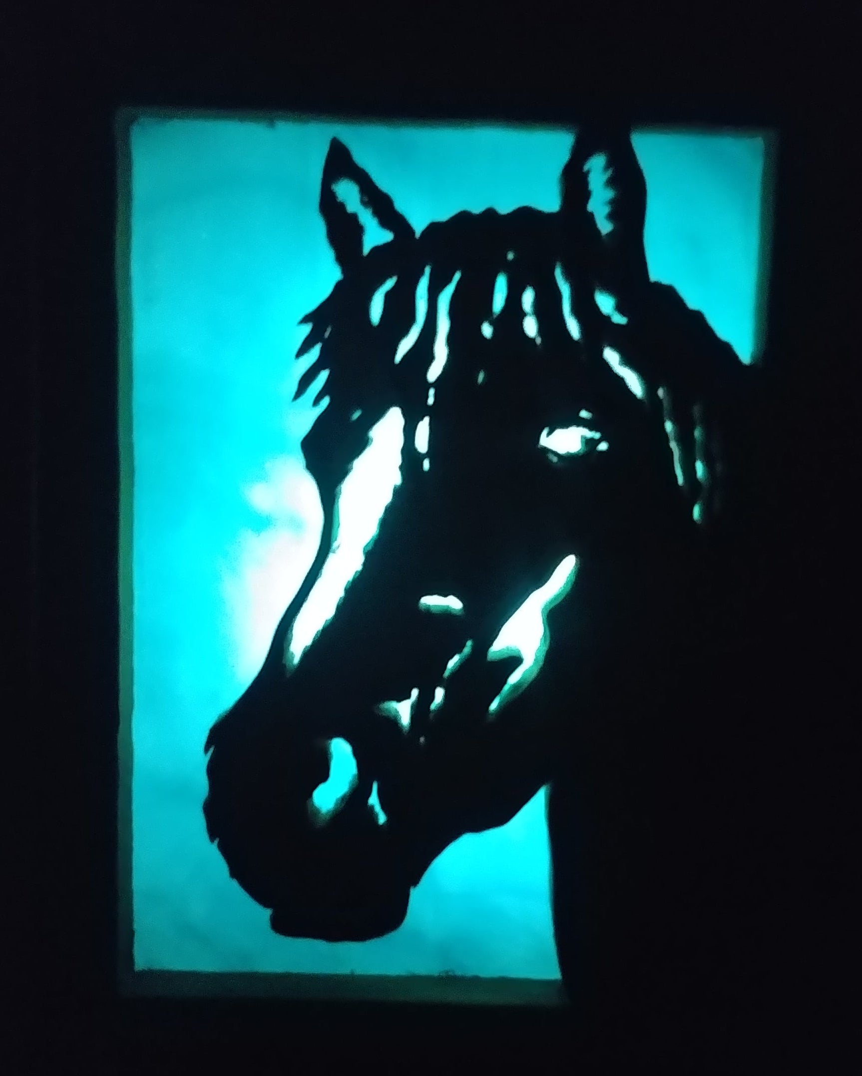 Lighted Shadow Box with scroll saw carving of a Horse done by hand with a rustic wooden frame.