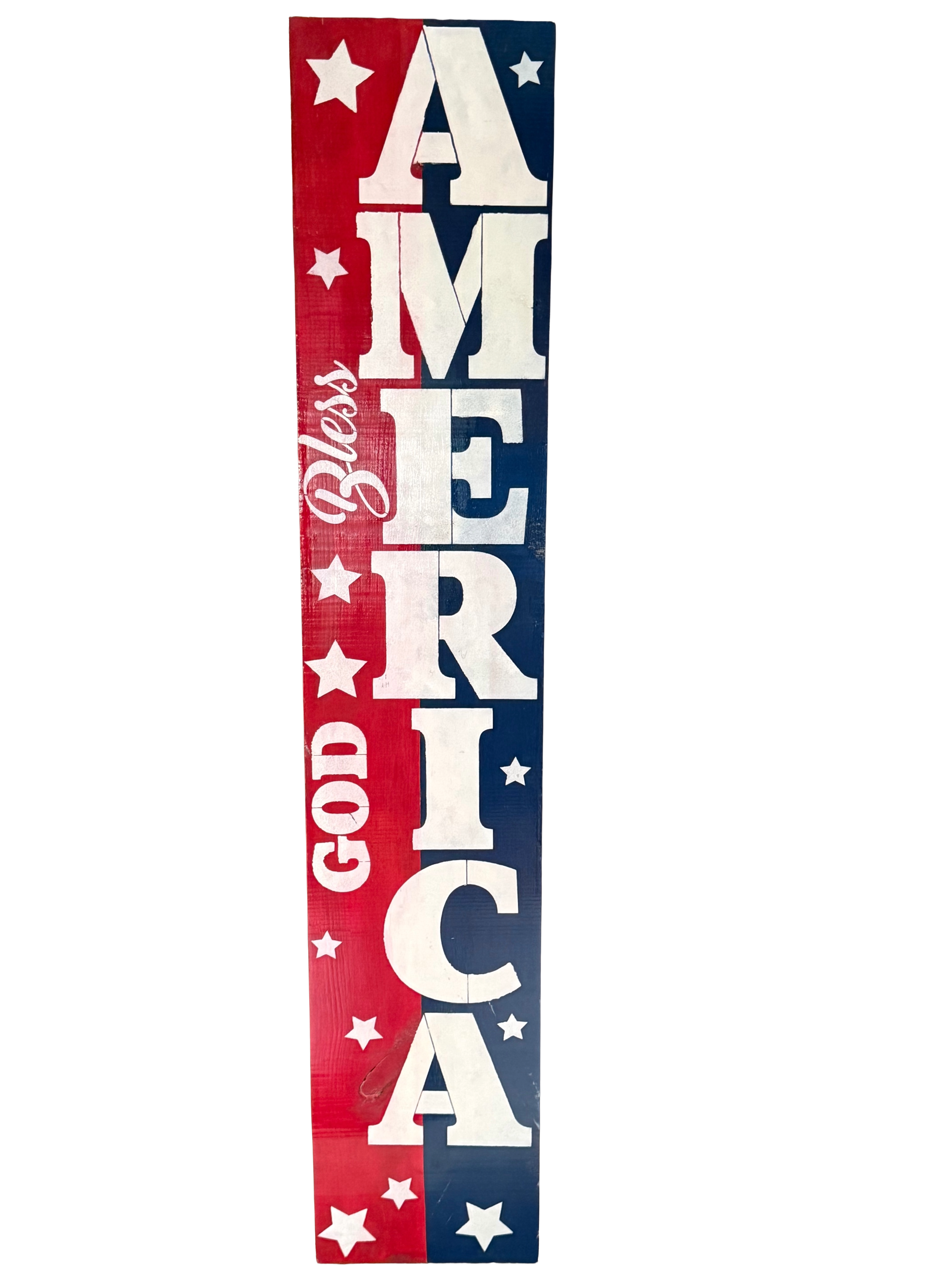 Vertical wooden sign with 'AMERICA' and 'Bless God' text in red, white, and blue on a white background