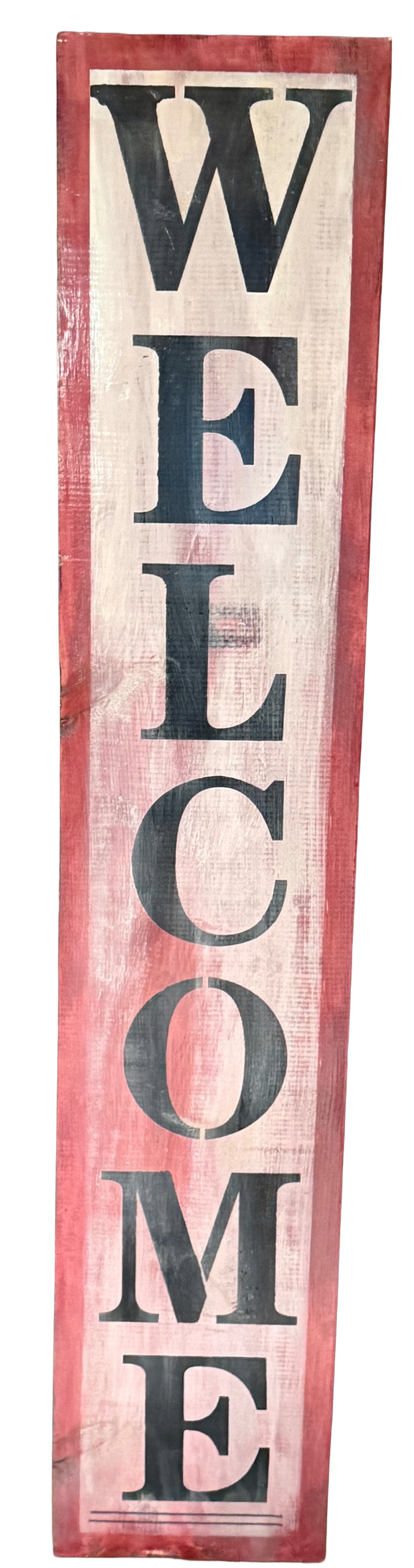 Wooden sign with 'WELCOME' text on a vertical board with red and white distressed finish.