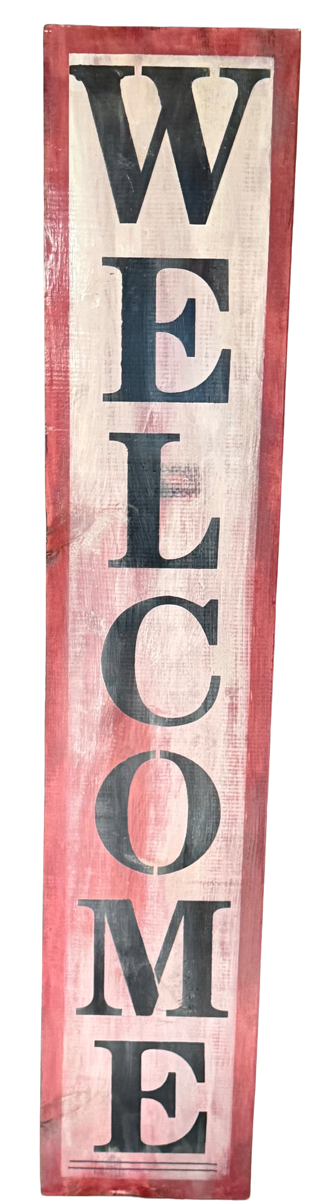 Wooden sign with 'WELCOME' text on a vertical board with red and white distressed finish.
