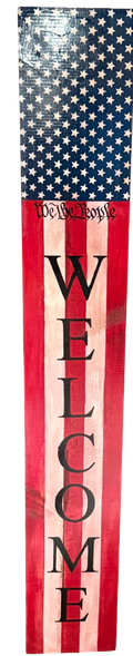 Wooden sign with American flag design and 'Welcome' text
