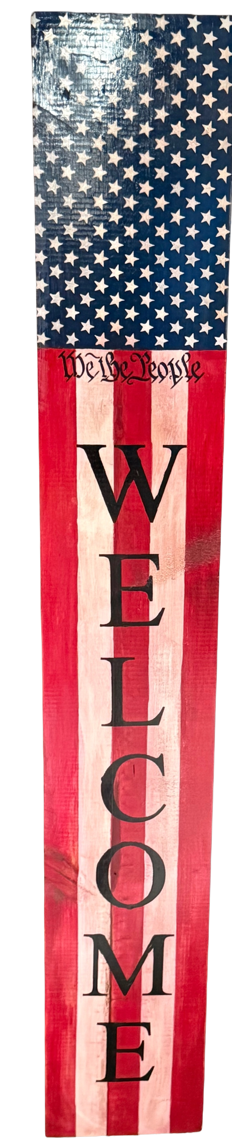 Wooden sign with American flag design and 'Welcome' text