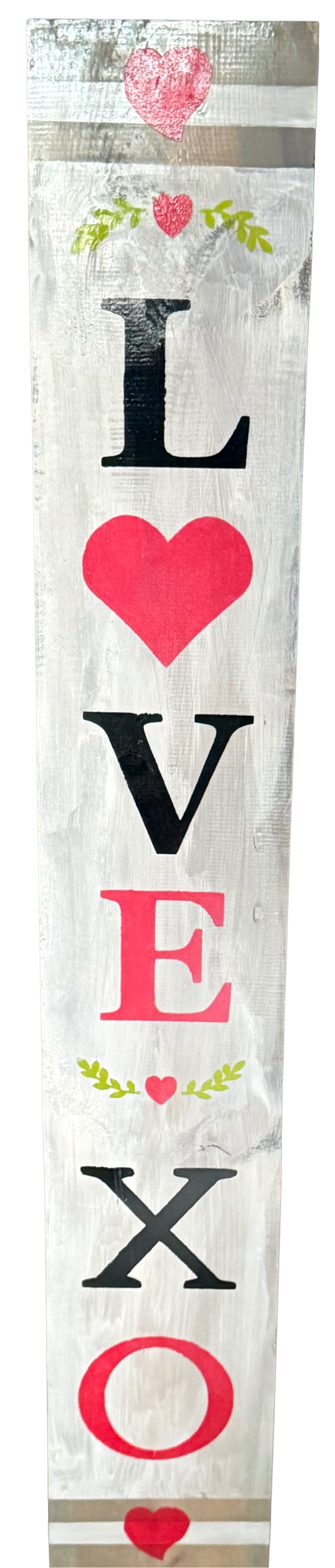 Decorative sign with 'LOVE' and 'XO' in black and pink on a white background