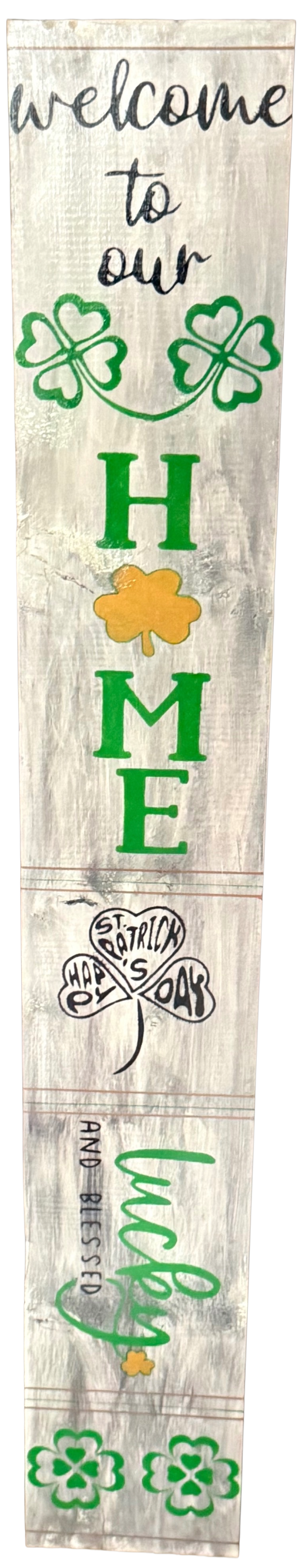 Decorative sign with shamrock designs and text on a white background