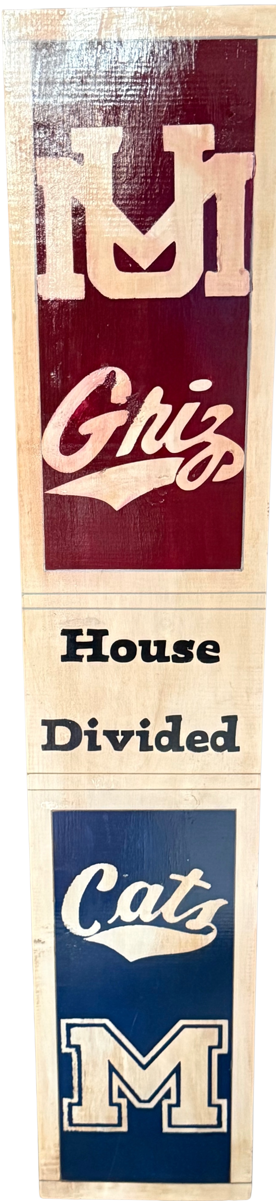 Wooden sign with 'House Divided' text and logos on a white background