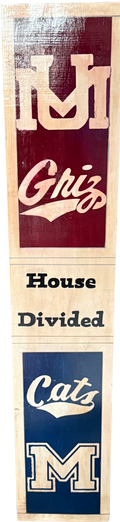 Wooden sign with 'House Divided' text and logos on a white background