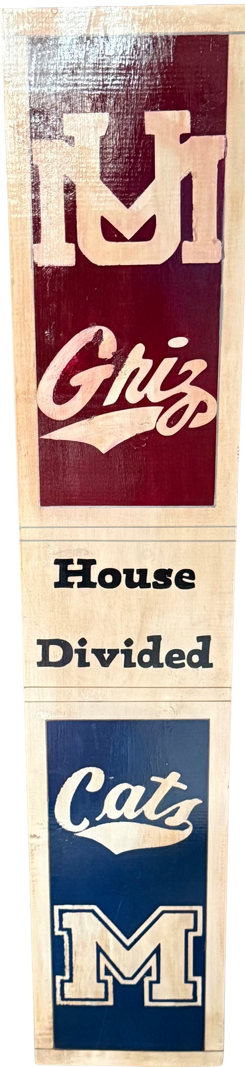 Wooden sign with 'House Divided' text and logos on a white background