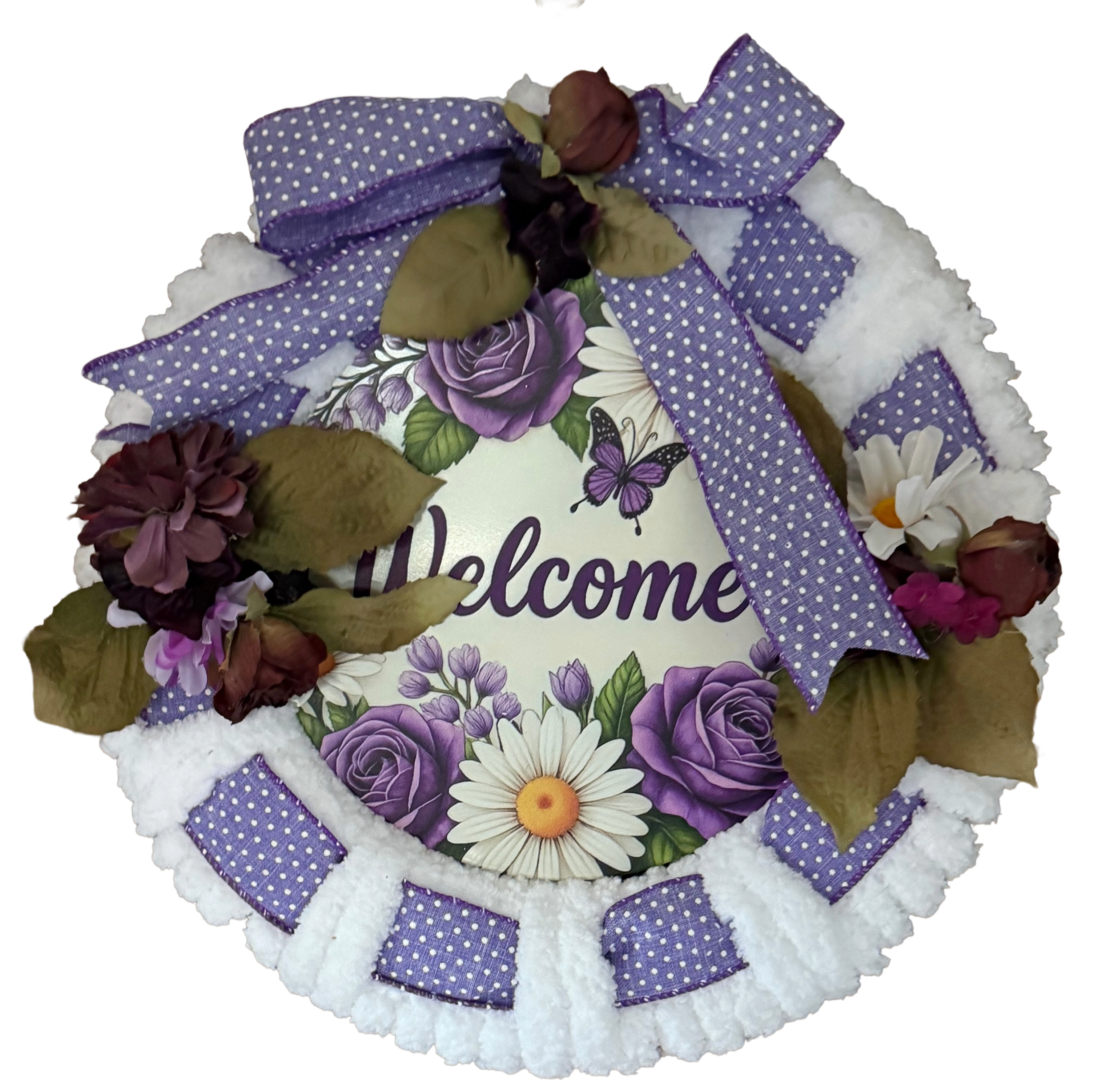 Decorative wreath with flowers and a 'Welcome' sign on a white background