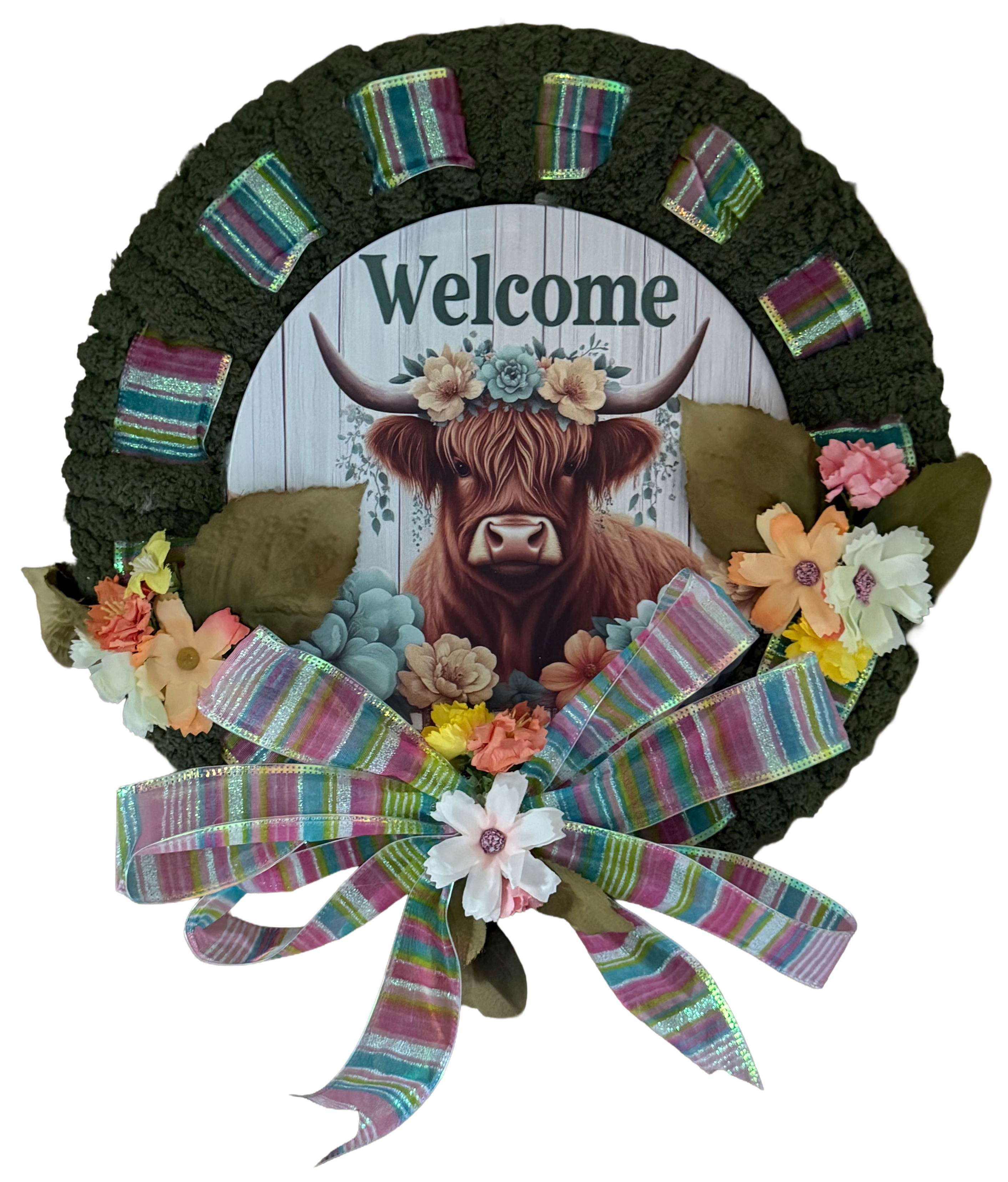 Decorative wreath with a cow illustration and 'Welcome' text on a white background