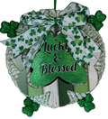 Decorative wreath with shamrock design and 'Lucky & Blessed' text on a white background