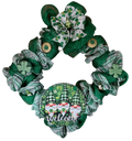 Decorative wreath with green and white pattern and 'Welcome' sign featuring gnomes.