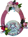 Decorative Easter wreath with a bunny and flowers on a white background