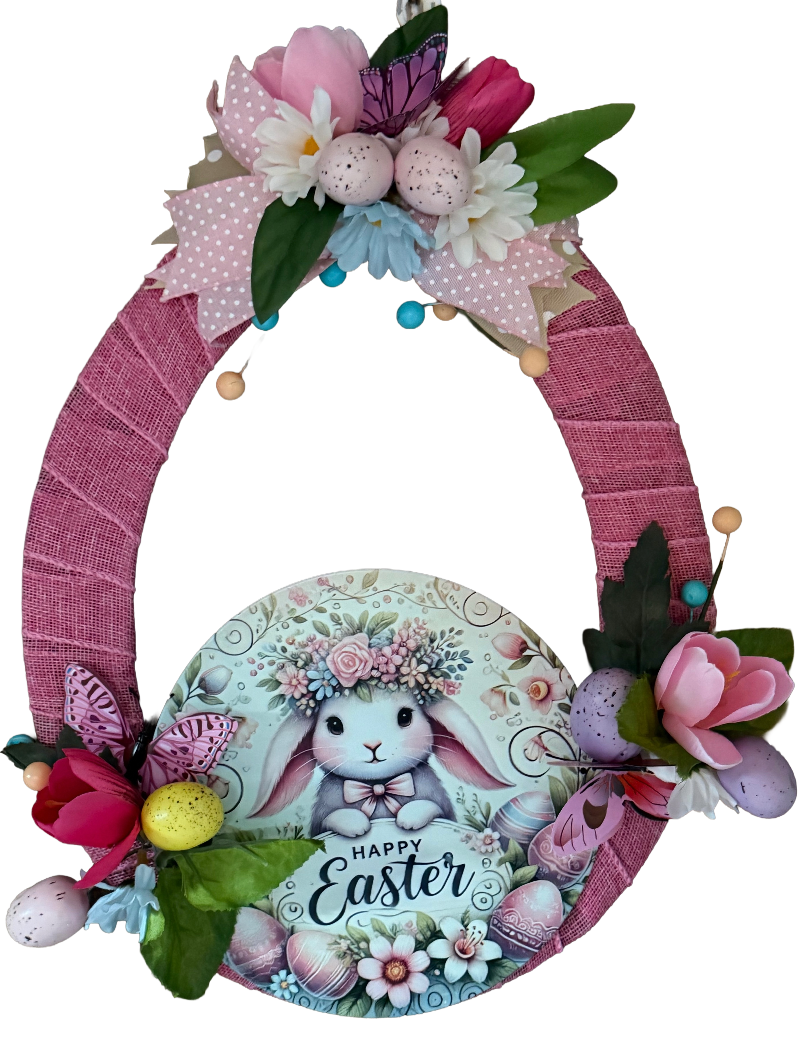 Decorative Easter wreath with a bunny and flowers on a white background