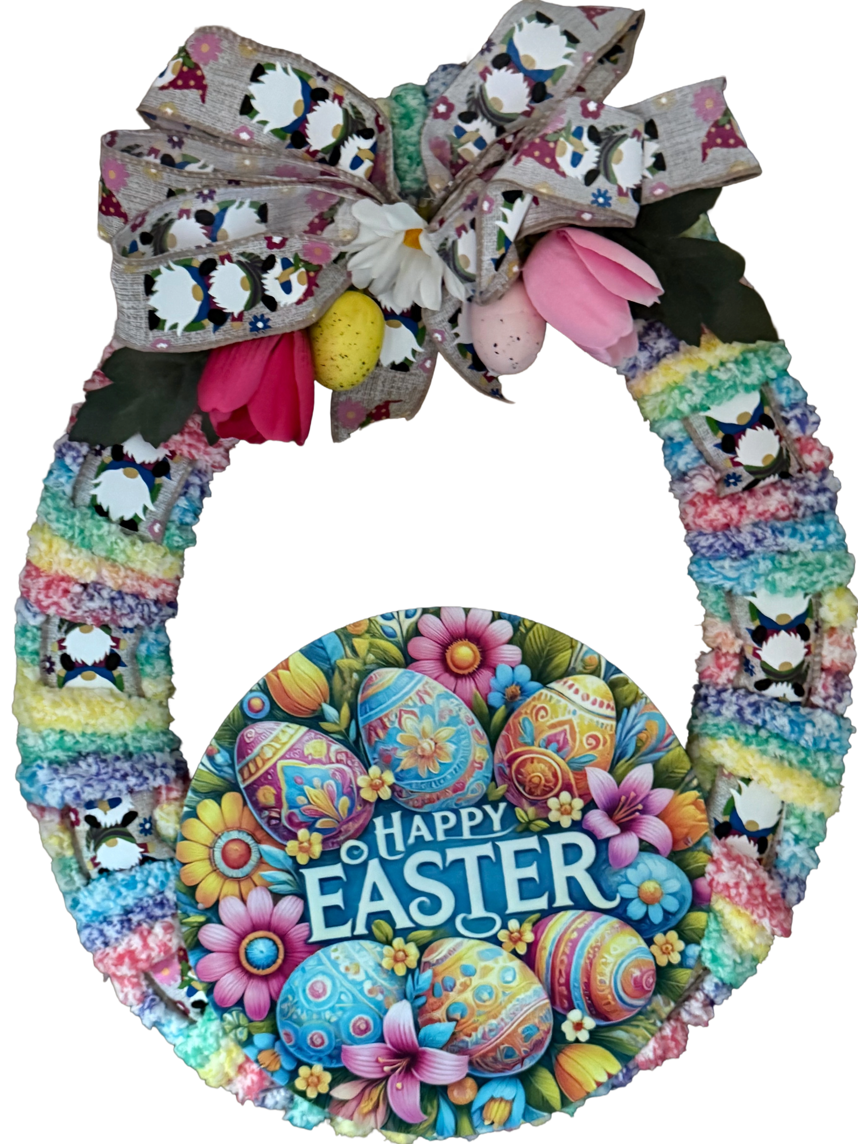 Colorful Easter wreath with a large bow and 'Happy Easter' sign on a white background