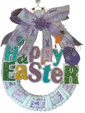 Decorative wreath with 'Happy Easter' text and colorful decorations on a white background