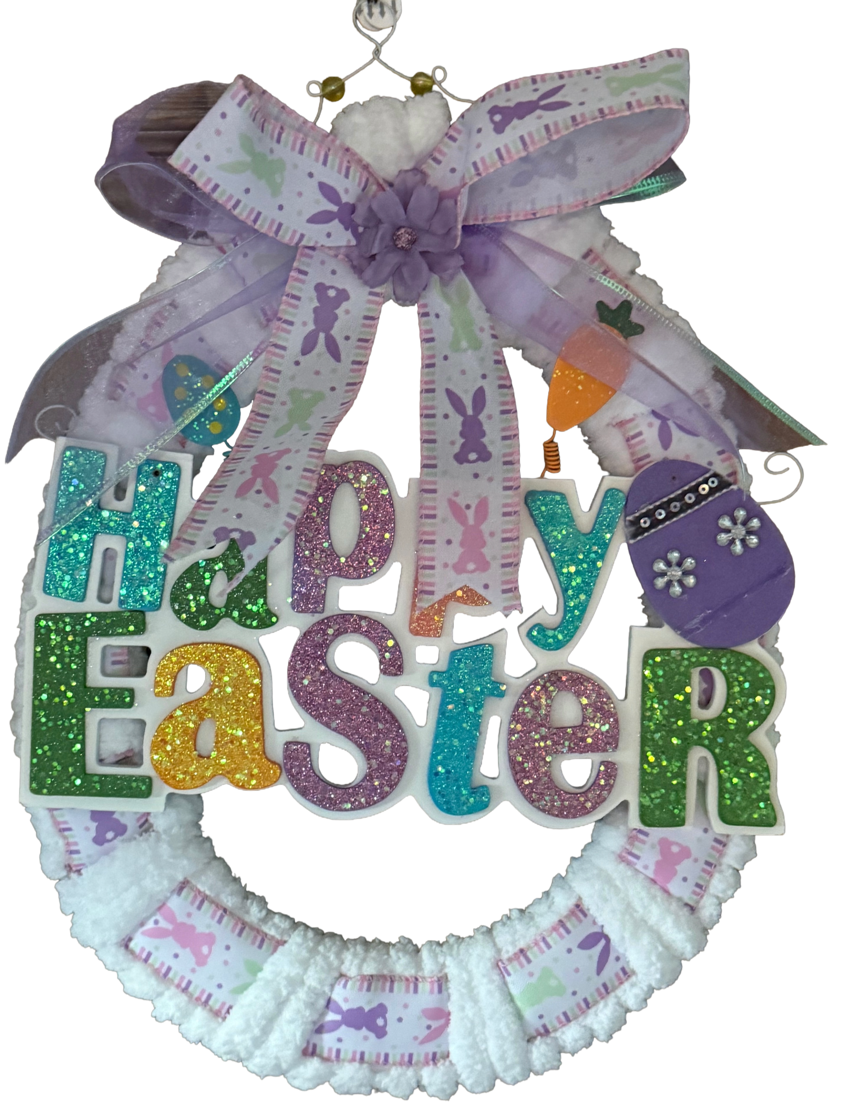 Decorative wreath with 'Happy Easter' text and colorful decorations on a white background