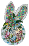 Decorative Easter bunny wreath with floral patterns and 'Easter' text on a white background