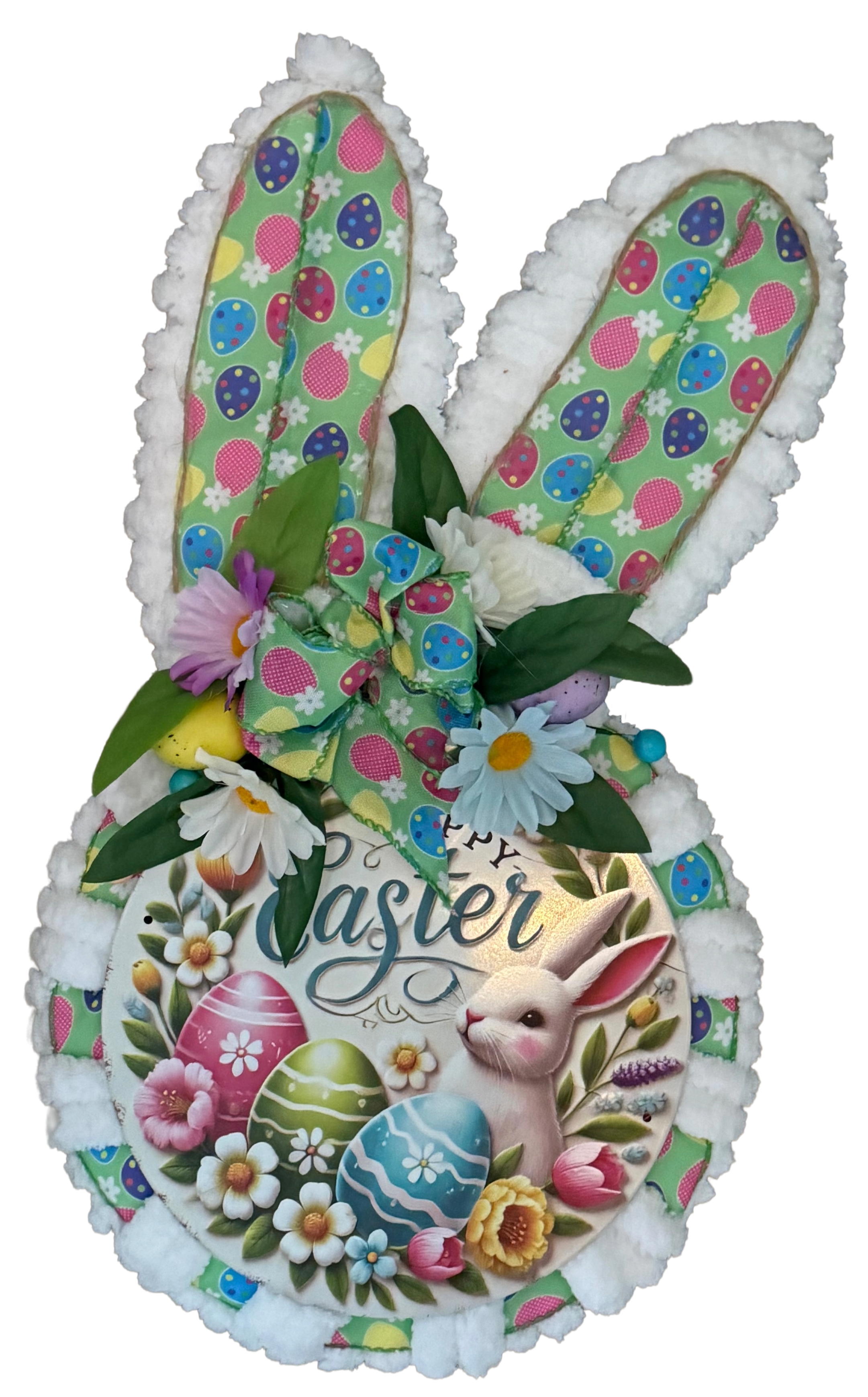 Decorative Easter bunny wreath with floral patterns and 'Easter' text on a white background