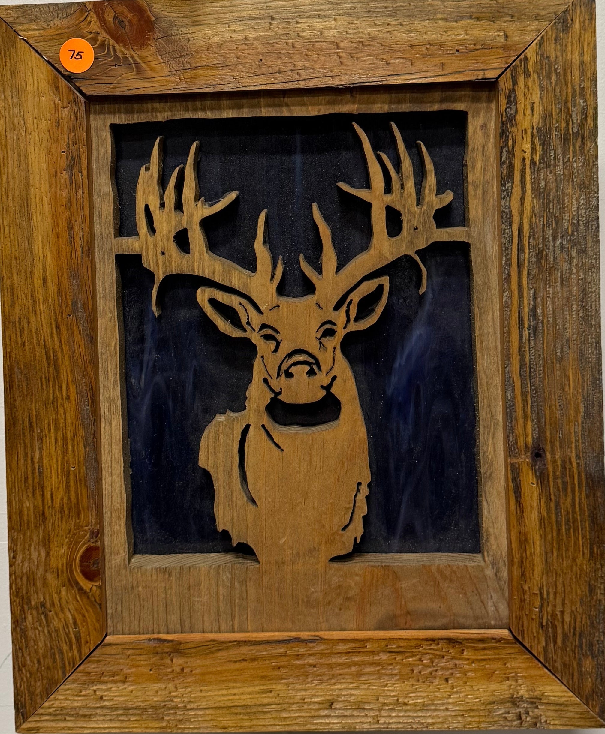 Lighted Shadow Box with scroll saw carving of an Elk done by hand with a rustic wooden frame.