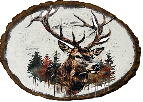 Decorative wall art with a deer head and forest design on a white background
