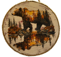 Wooden plaque with a bear and forest design on a white background