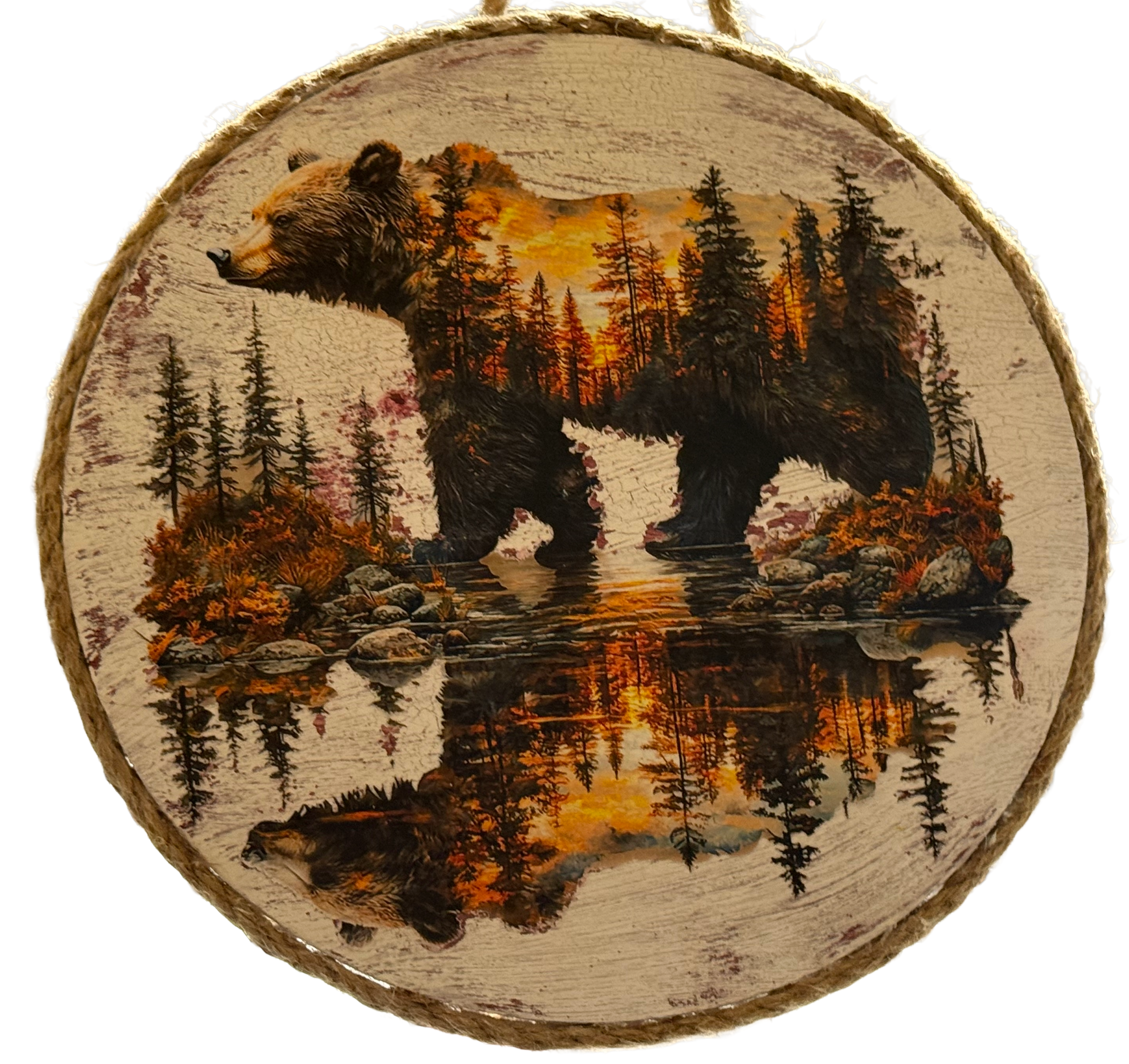 Wooden plaque with a bear and forest design on a white background