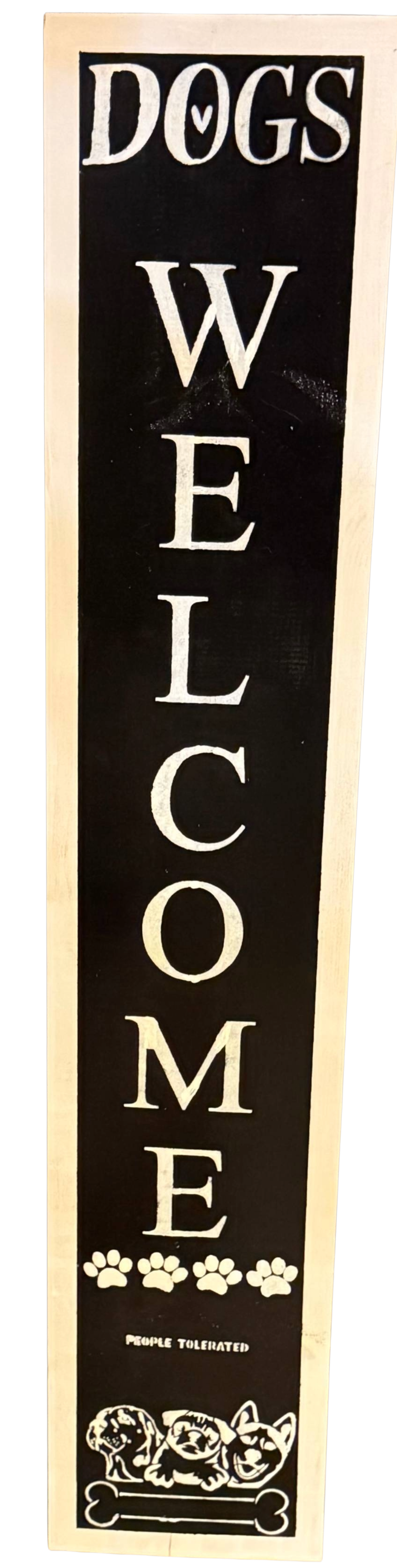 Vertical sign with 'DOGS Welcome' text on a black background