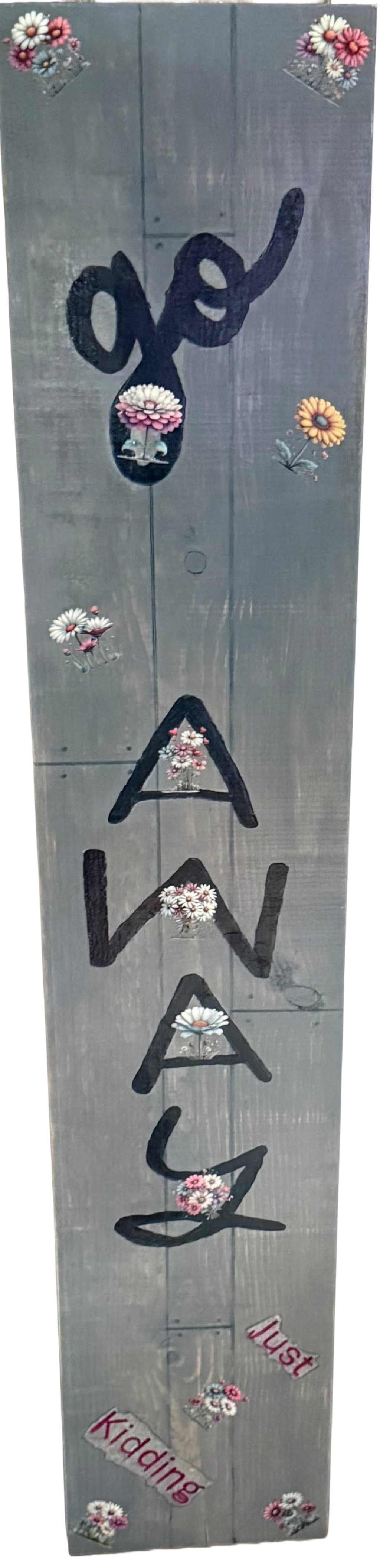 Wooden sign with 'go AWAY' text on a white background