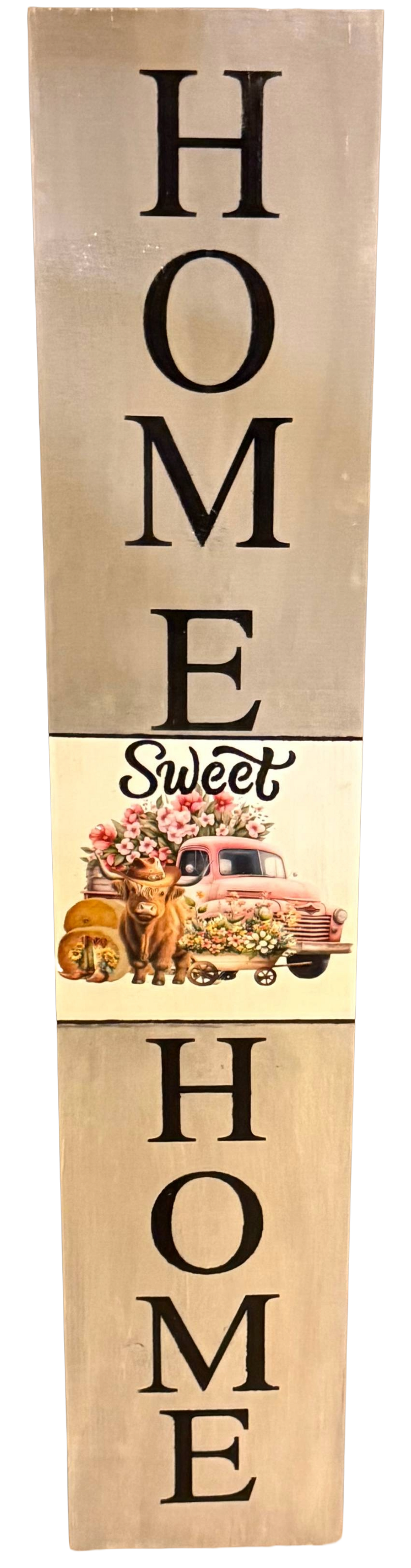 Wooden decorative sign with 'HOME SWEET HOME' text on a white background