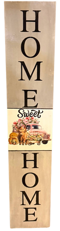 Wooden decorative sign with 'HOME SWEET HOME' text on a white background