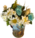 Bouquet of flowers in a decorative pot with a scenic design on a white background