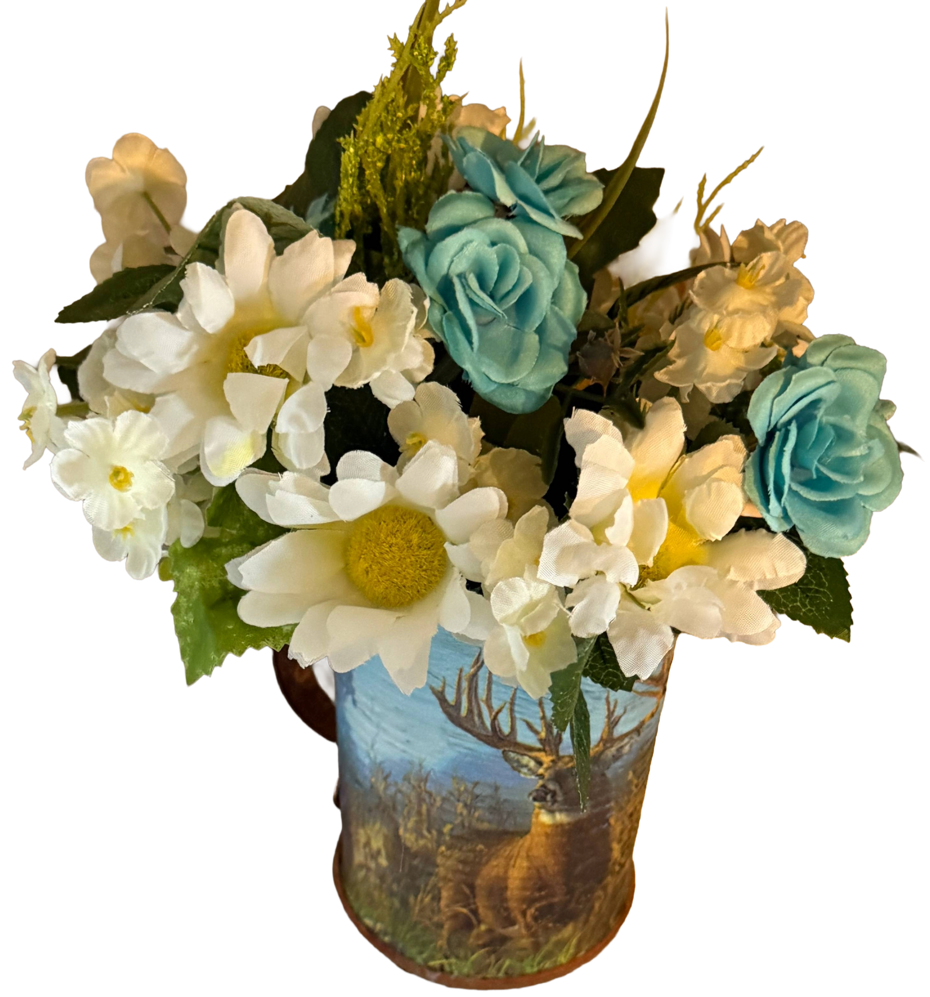 Bouquet of flowers in a decorative pot with a scenic design on a white background
