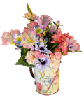 Colorful flower arrangement in a recycled can shaped as a picture on a deer background