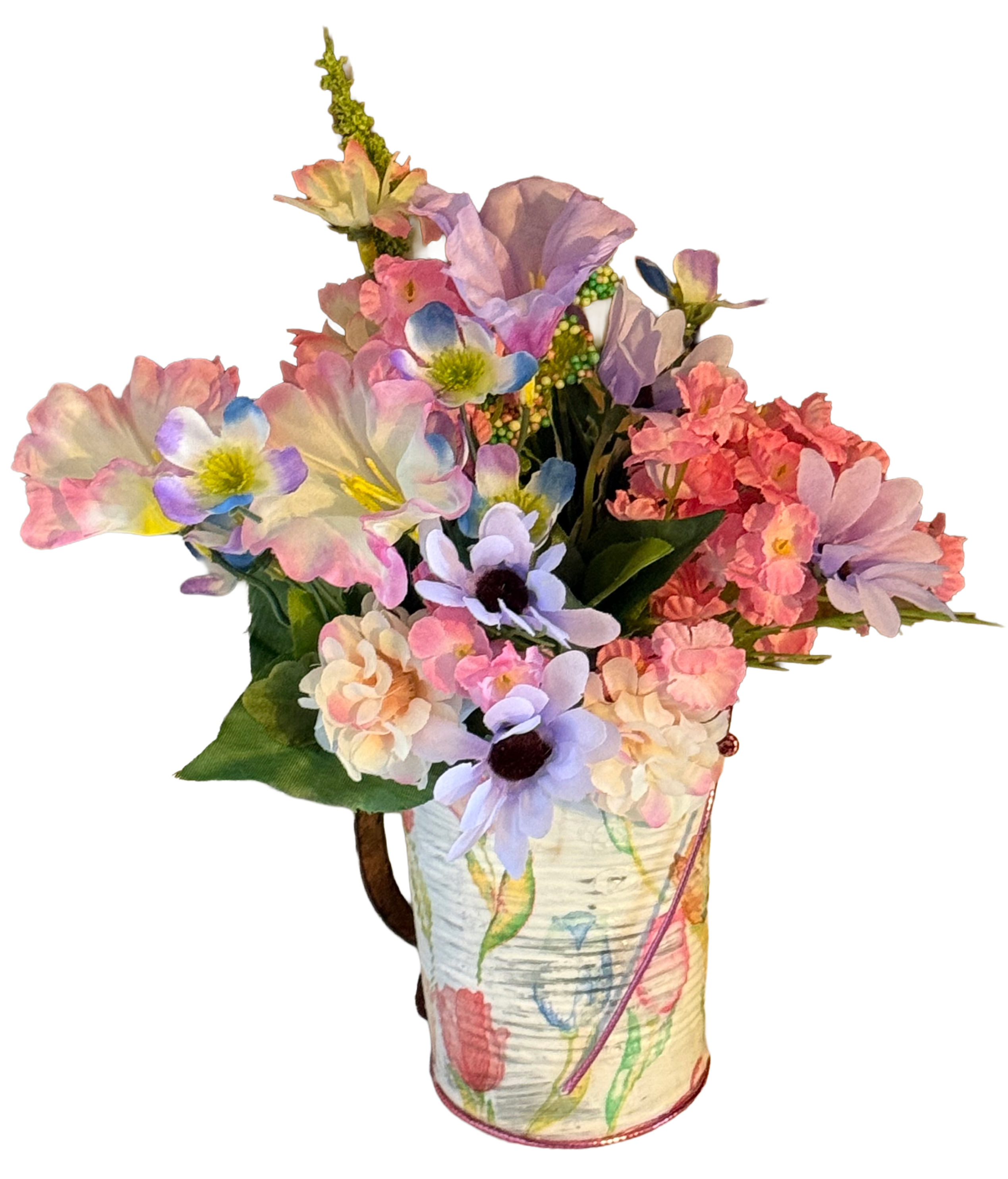 Colorful flower arrangement in a recycled can shaped as a picture on a deer background