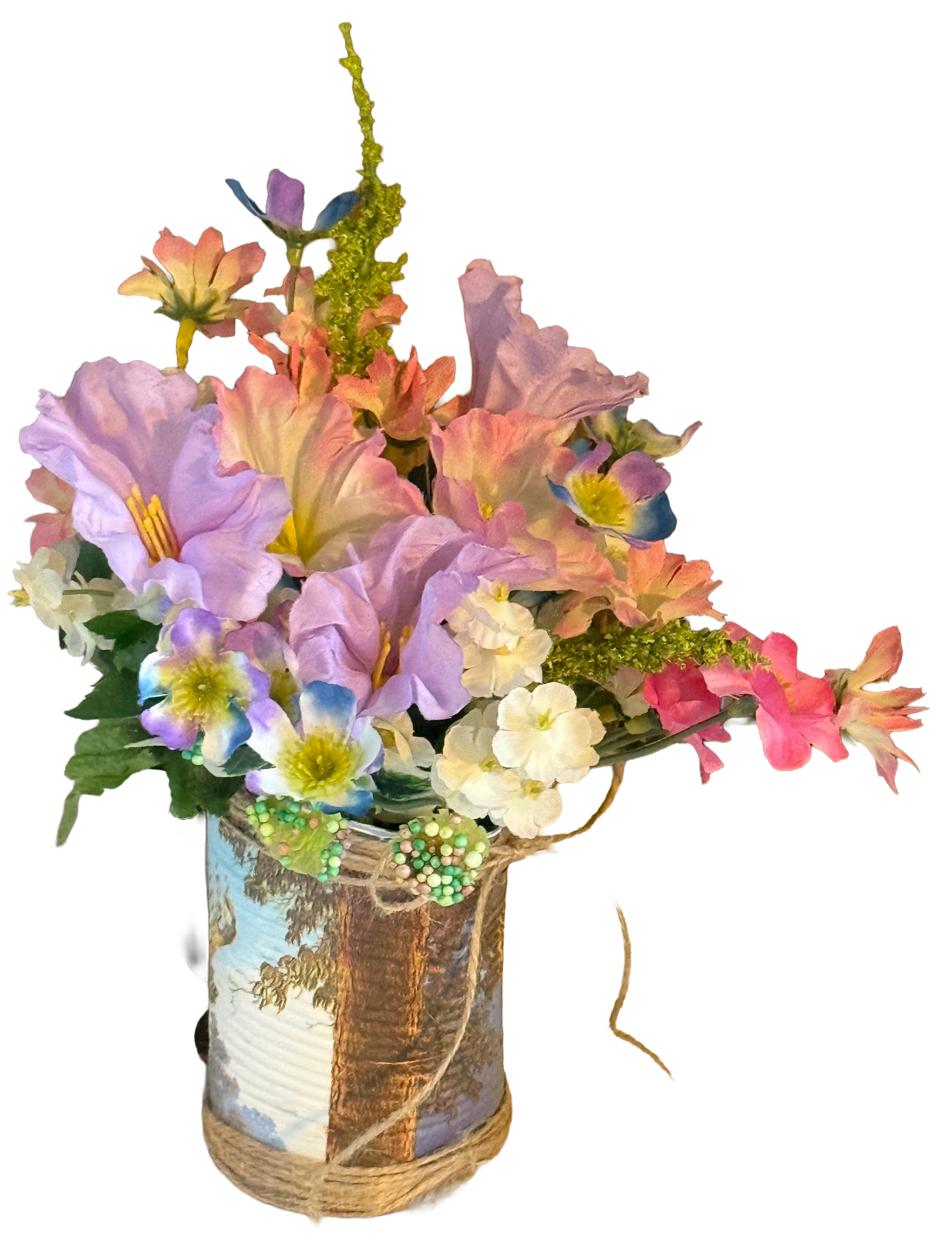 Colorful flower arrangement in a decorative vase on a white background