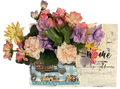 Decorative sign with floral arrangement and vintage truck on a white background