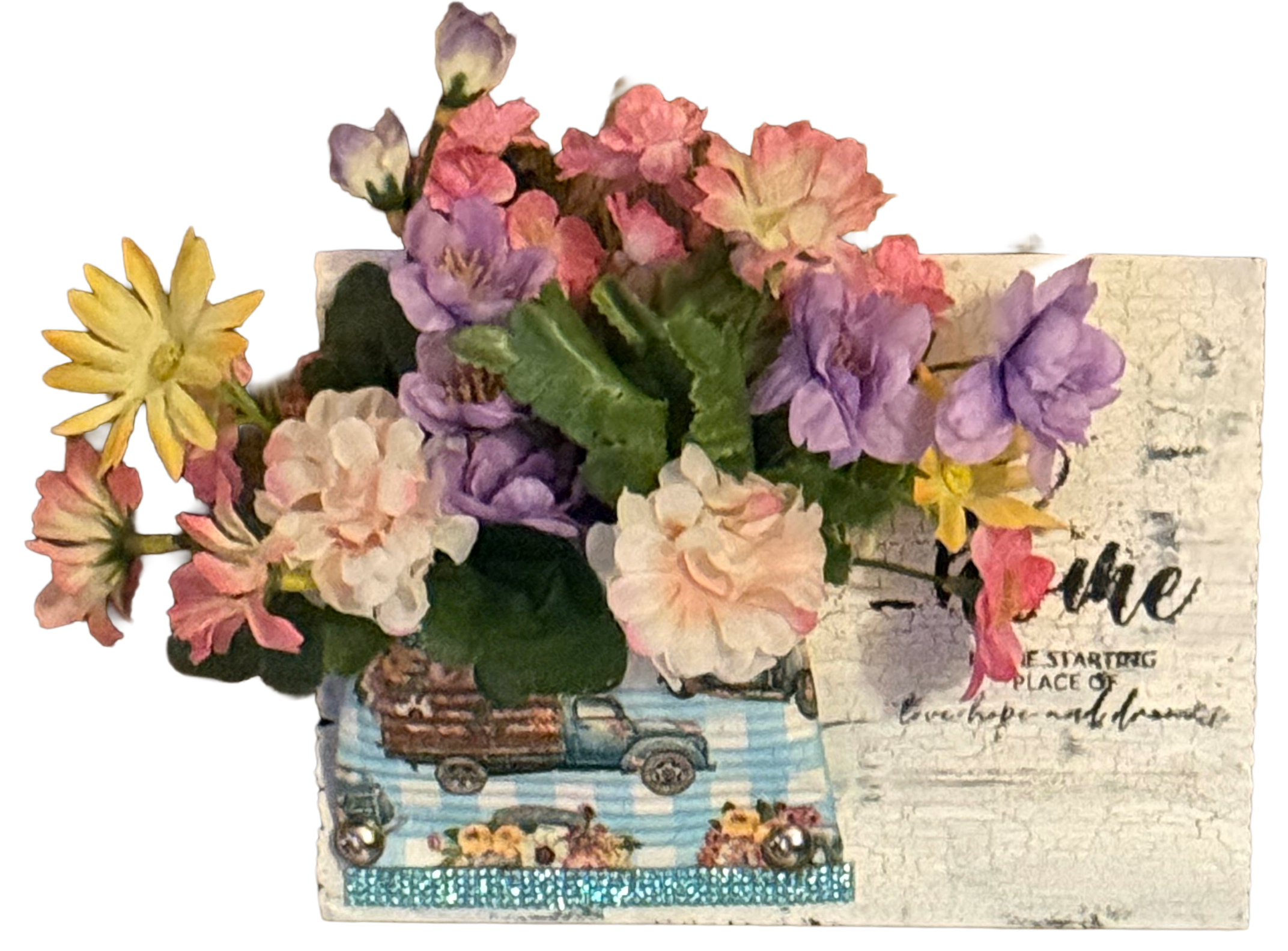 Decorative sign with floral arrangement and vintage truck on a white background