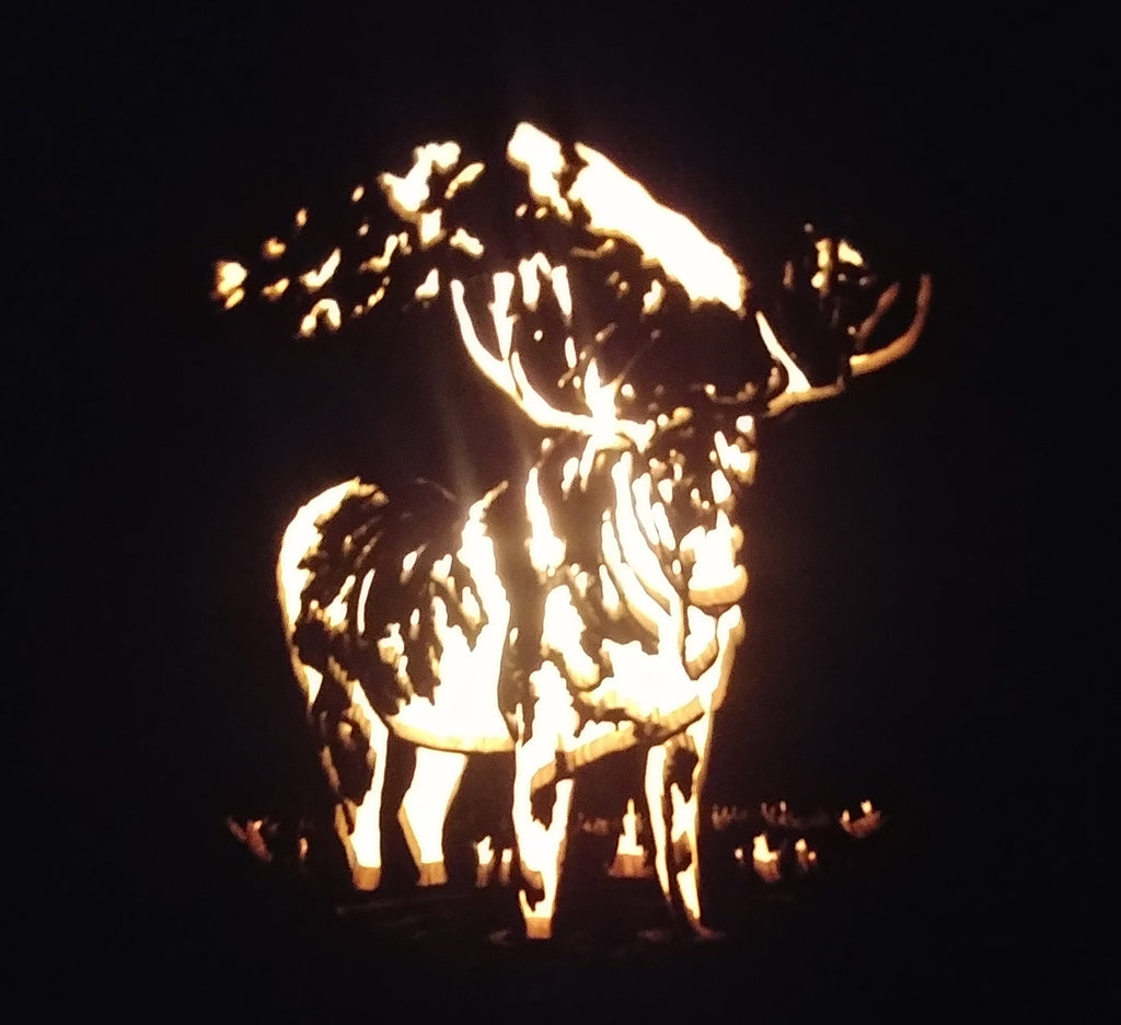 Lighted Shadow Box with scroll saw carving of a Bull Elk done by hand with a rustic wooden frame.