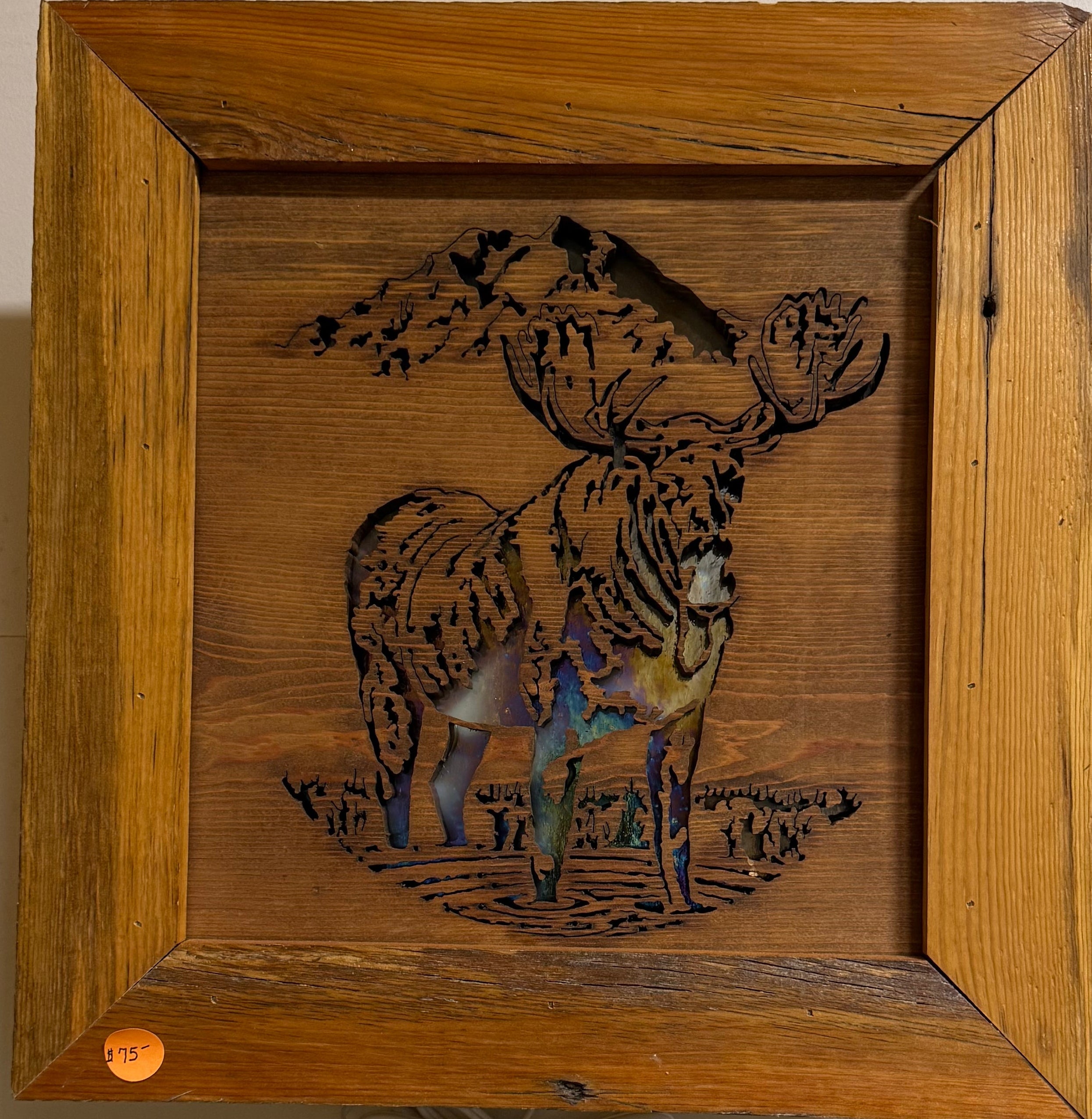 Lighted Shadow Box with scroll saw carving of a Bull Elk done by hand with a rustic wooden frame.