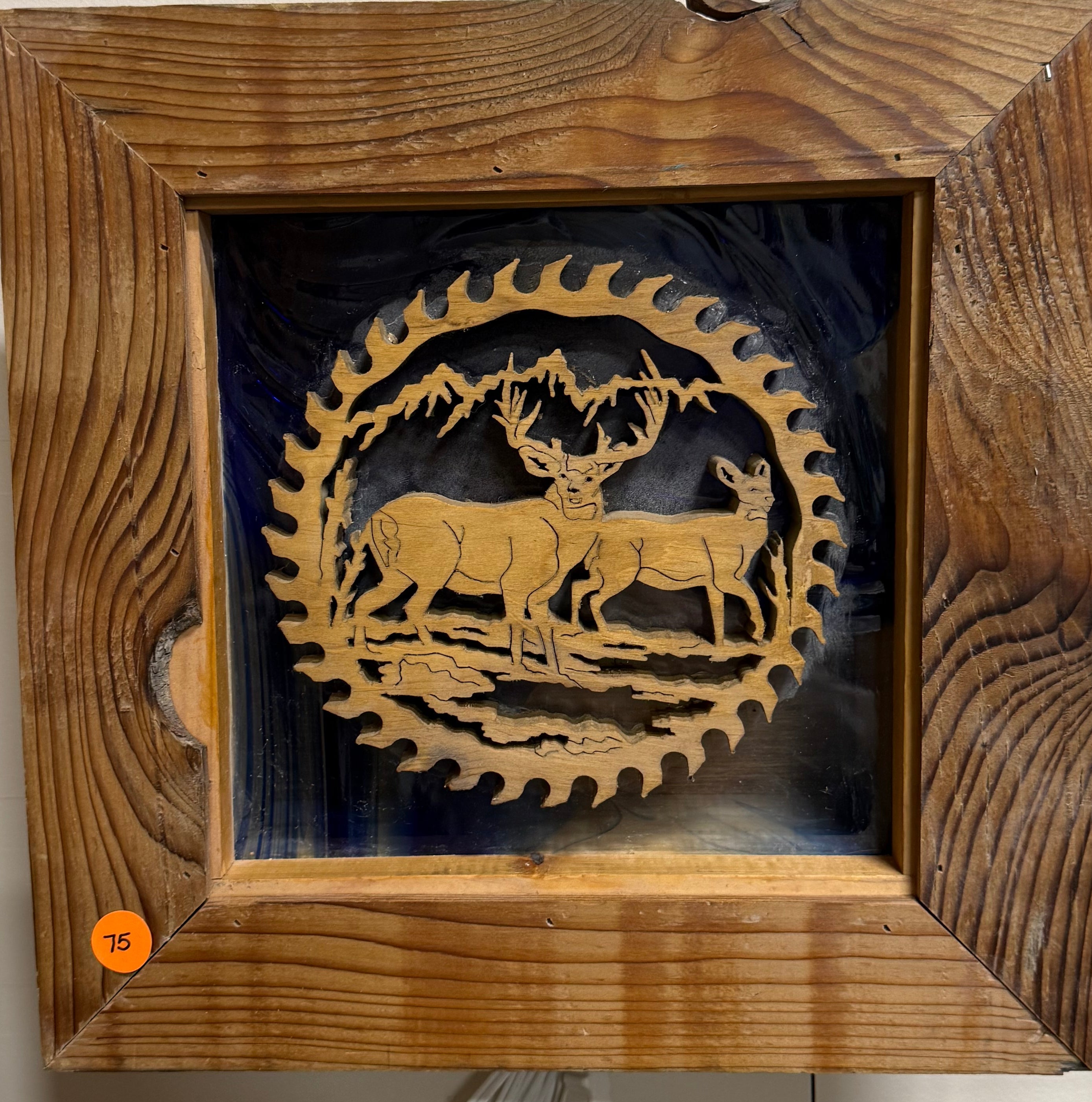 Lighted Shadow Box with scroll saw carving of an Elk Cow and Bull done by hand with a rustic wooden frame.