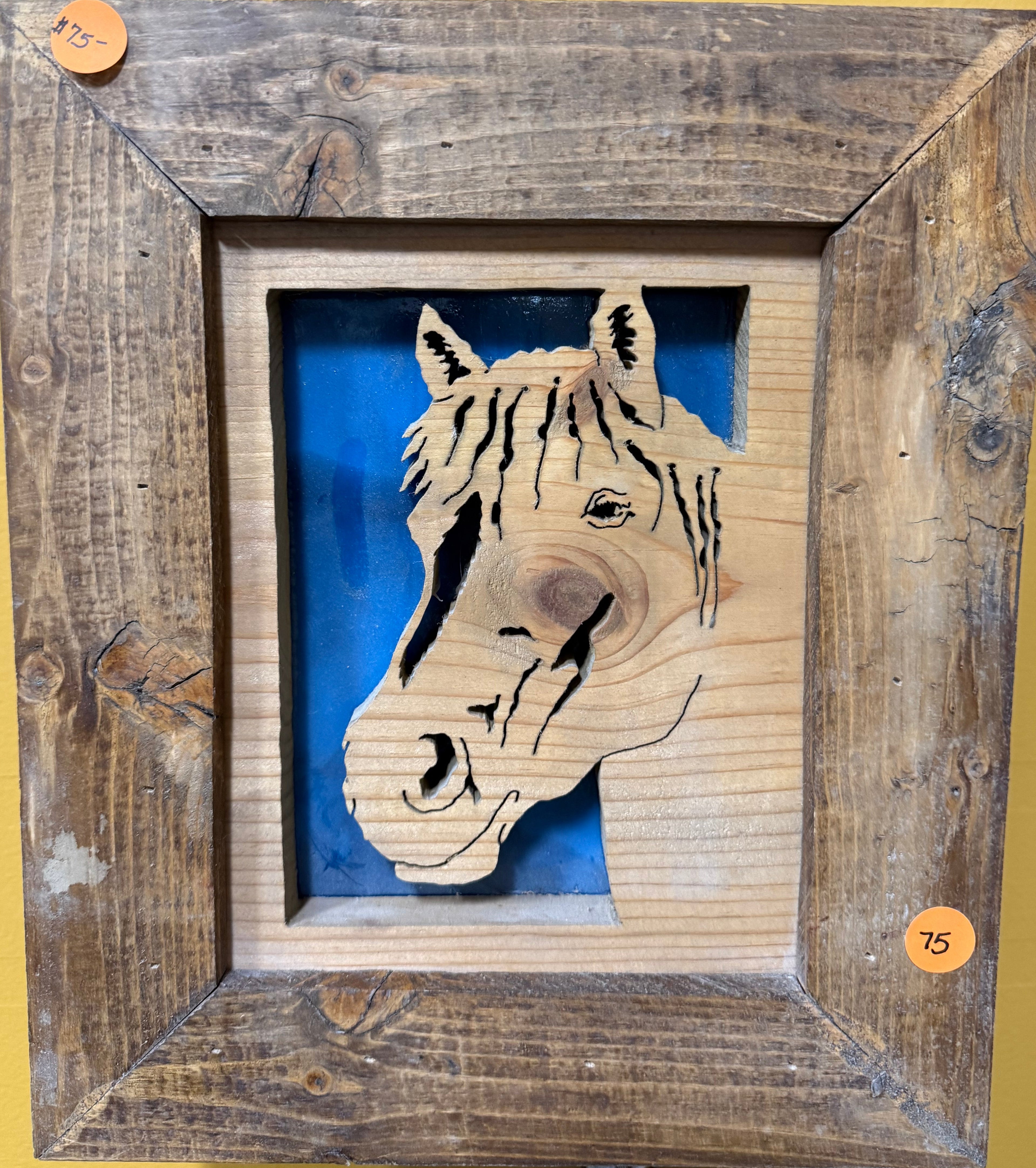 Lighted Shadow Box with scroll saw carving of a Horse done by hand with a rustic wooden frame.