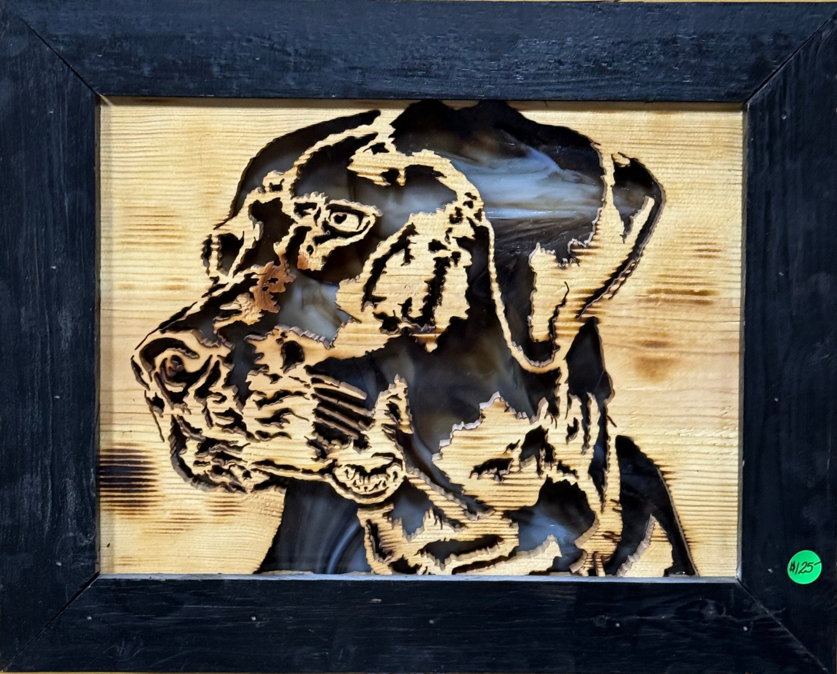 Lighted Shadow Box with scroll saw carving of a Labrador Retriever dog done by hand with a rustic wooden frame.