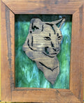 Lighted Shadow Box with scroll saw carving of a Mountain Lion done by hand with a rustic wooden frame.