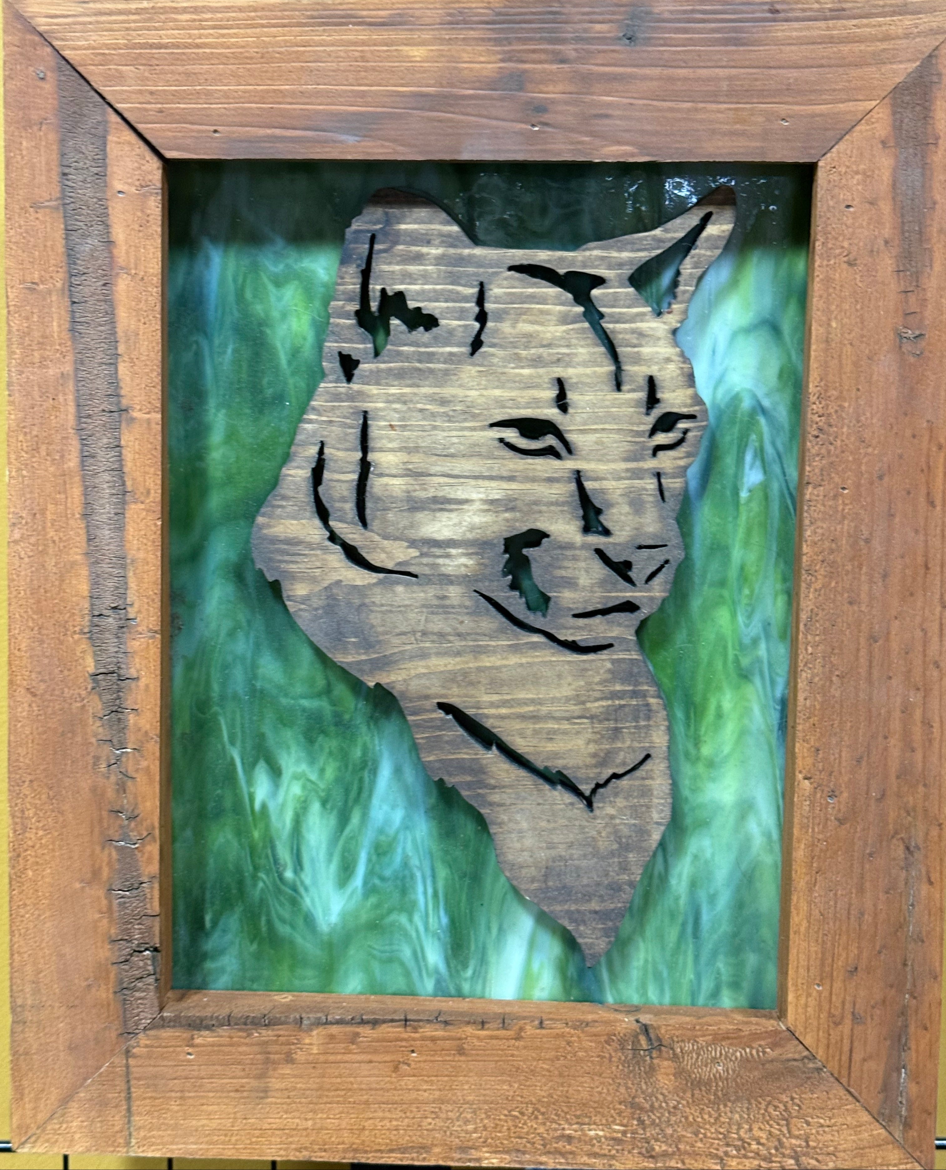 Lighted Shadow Box with scroll saw carving of a Mountain Lion done by hand with a rustic wooden frame.